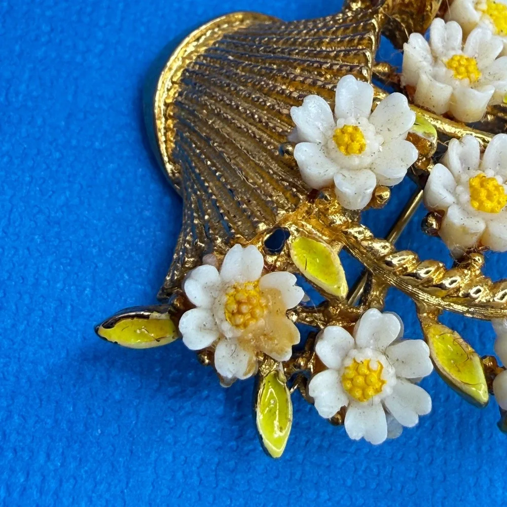 Arthur Pepper Flower Basket‎ Brooch Enamel Gold Tone Floral Mid Mod MCM